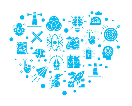 Creative colored icons set in a heart shape. Innovation, startup, artwork, project, idea banner icons isolated on white background.のイラスト素材