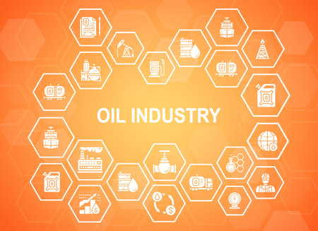 Oil industry promotion icons banner with text. Fuel Truck, Engineer, Gasoline, Cargo Ship design elements with linear icon illustration.のイラスト素材