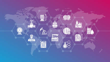 Oil industry flat design concept illustration. Fuel Truck, Engineer, Gasoline, Cargo Ship for website banner and landing page.のイラスト素材