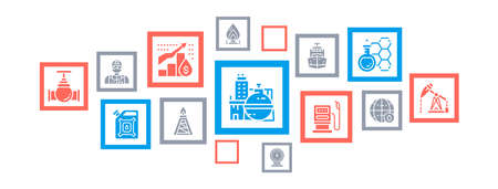Oil industry icons infographic banner. Fuel Truck, Engineer, Gasoline, Cargo Ship illustration for web banner layout, mobile development design.のイラスト素材