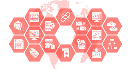 SEO thin icons vector illustration. Bookmark, Hosting, Hyperlink, Advertisement, Data Transfer design concept elements for graphic web design.のイラスト素材