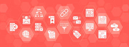 SEO banner template with white icons. Bookmark, Hosting, Hyperlink, Advertisement, Data Transfer illustration concept for website or infographic.のイラスト素材