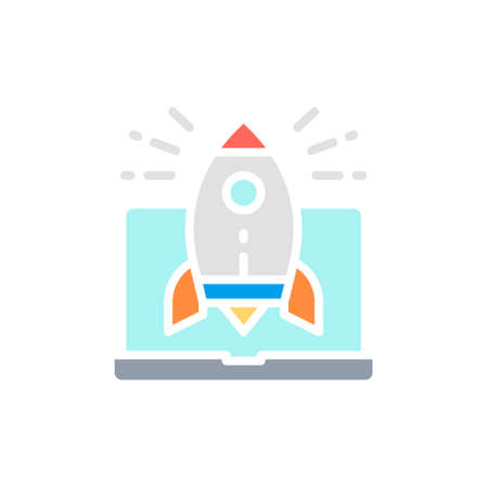 Vector rocket launch from laptop, startup white line icon. Symbol and sign illustration design.のイラスト素材