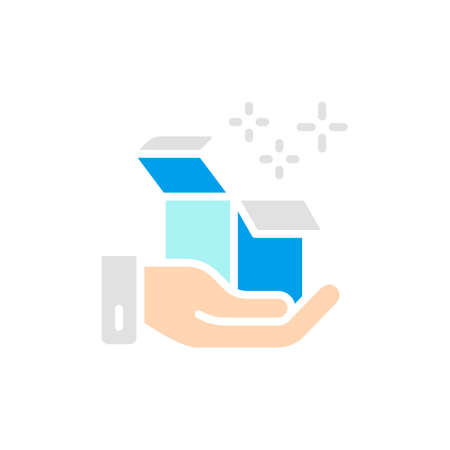 Vector hand with box, delivery, gift white line icon. Symbol and sign illustration design.のイラスト素材