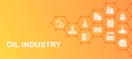Oil industry promotion icons banner. Fuel Truck, Engineer, Gasoline, Cargo Ship illustration. Web banner layout template.のイラスト素材