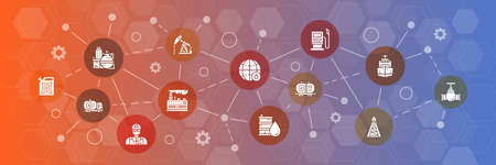 Oil industry infographic icons banner. Fuel Truck, Engineer, Gasoline, Cargo Ship vector illustration for advertisement, header banner.のイラスト素材
