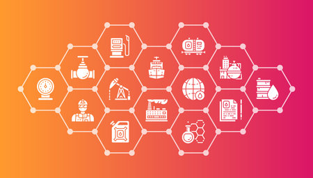 Oil industry illustration template. Fuel Truck, Engineer, Gasoline, Cargo Ship design infographic elements for presentation business banner.のイラスト素材