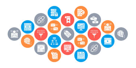 SEO concept vector design. Bookmark, Hosting, Hyperlink, Advertisement, Data Transfer illustration. Web banner layout template.のイラスト素材