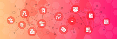 SEO vector icons illustration. Bookmark, Hosting, Hyperlink, Advertisement, Data Transfer typography banner with promotion line icons.のイラスト素材