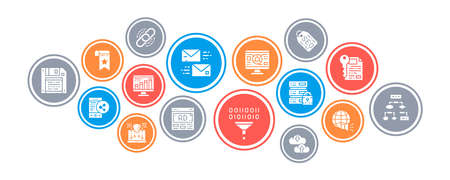 SEO concept illustration banner. Bookmark, Hosting, Hyperlink, Advertisement, Data Transfer vector banner for web page.のイラスト素材