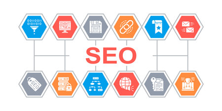 SEO icons web banner. Bookmark, Hosting, Hyperlink, Advertisement, Data Transfer vector infographic illustration isolated on white background.のイラスト素材