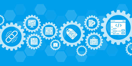 SEO website banner design template. Bookmark, Hosting, Hyperlink, Advertisement, Data Transfer vector illustration for website presentation banner.のイラスト素材