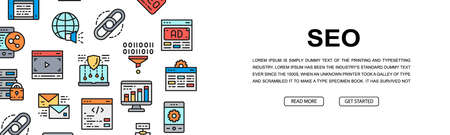SEO horizontal icon banner design. Bookmark, Hosting, Hyperlink, Advertisement, Data Transfer promotion illustration for web page, header presentationのイラスト素材
