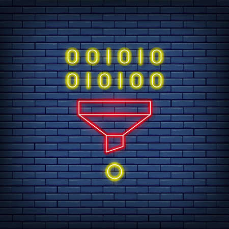 Vector filter, funnel, data tunnel neon sign. Vector illustration in neon style.のイラスト素材