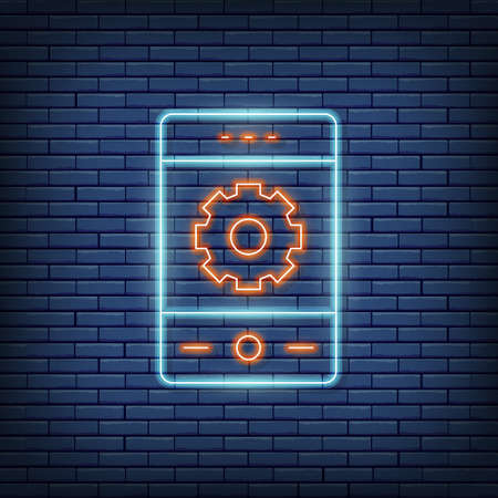 Vector phone with gear, smartphone repair, mobile development neon sign. Vector illustration in neon style.のイラスト素材