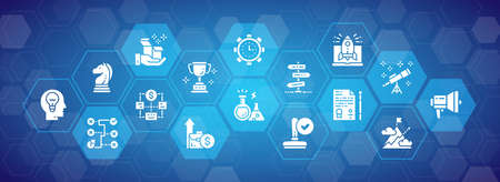 Start up banner template with white icons. Time management, idea generation, presentation illustration concept for website or infographic.のイラスト素材