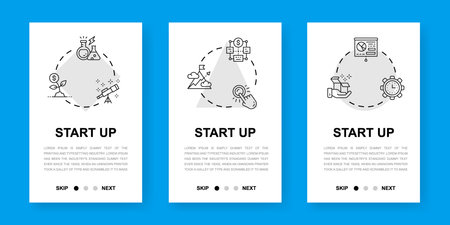 Start up vertical app screens. Web site design illustration. Time management, idea generation, presentation mobile banners for website development.のイラスト素材