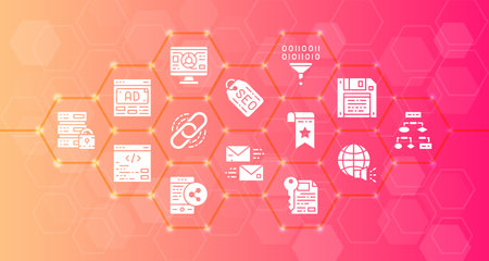 SEO modern icons line banner. Bookmark, Hosting, Hyperlink, Advertisement, Data Transfer illustration concept for web design.のイラスト素材