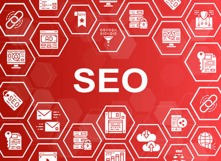 SEO icons banner. Bookmark, Hosting, Hyperlink, Advertisement, Data Transfer icons web header banner. Vector illustration modern layout template.のイラスト素材