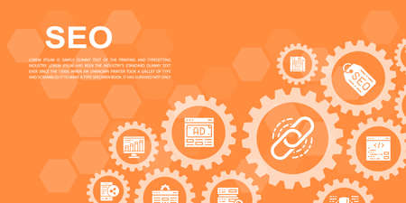 SEO landing page design template. Bookmark, Hosting, Hyperlink, Advertisement, Data Transfer illustration for web banners, print materials.のイラスト素材