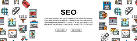 SEO horizontal colorful banner. Bookmark, Hosting, Hyperlink, Advertisement, Data Transfer illustration. Web banner layout template.のイラスト素材