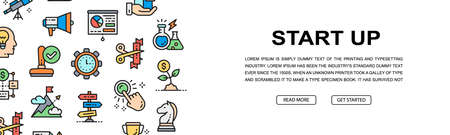 Start up horizontal icon banner design. Time management, idea generation, presentation promotion illustration for web page, header presentation.のイラスト素材
