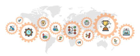 Start up banner with colored web icons. Time management, idea generation, presentation concept banner background.のイラスト素材