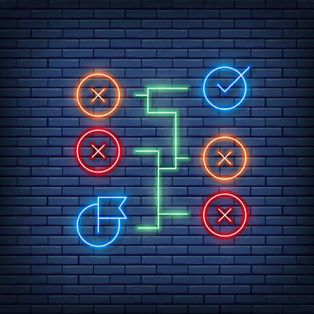 Vector correct solution, labyrinth, algorithm neon sign. Vector illustration in neon style.のイラスト素材