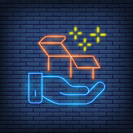 Vector hand with box, delivery, gift neon sign. Vector illustration in neon style.のイラスト素材