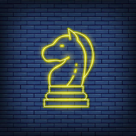 Vector chess horse, knight piece, strategy neon sign. Vector illustration in neon style.のイラスト素材