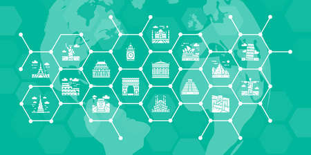 Travel Landmark infographic banner with icon elements. Egypt, Italy, United Kingdom, France, India, USA vector illustration for header website banner.のイラスト素材