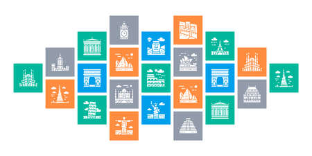 Travel Landmark flat design web banner. Egypt, Italy, United Kingdom, France, India, USA line icons isolated on white background.のイラスト素材