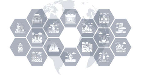 Travel Landmark thin icons vector illustration. Egypt, Italy, United Kingdom, France, India, USA design concept elements for graphic web design.のイラスト素材