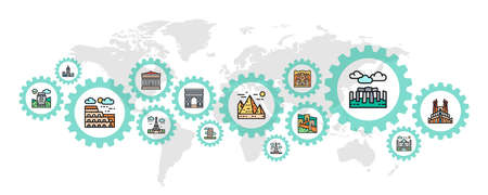 Travel Landmark banner with colored web icons. Egypt, Italy, United Kingdom, France, India, USA concept banner background.のイラスト素材