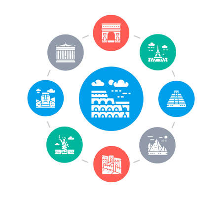 Travel Landmark circle illustration with icons. Egypt, Italy, United Kingdom, France, India, USA vector concept design. Web banner layout template.のイラスト素材