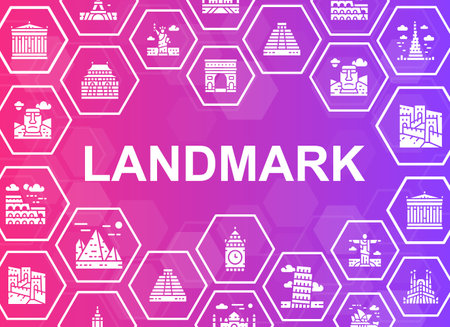 Travel Landmark icons banner. Egypt, Italy, United Kingdom, France, India, USA icons web header banner. Vector illustration modern layout template.のイラスト素材