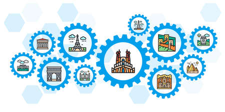 Travel Landmark colored icons vector banner. Egypt, Italy, United Kingdom, France, India, USA web header banner illustration.のイラスト素材