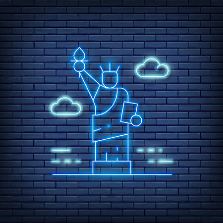 Vector Statue of Liberty, USA, landmark neon sign. Vector illustration in neon style.のイラスト素材