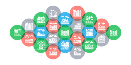 Landscape flat vector illustration. Bridge, Forest, Garden, Volcano, Windmill concept for banner, website design or landing web page.のイラスト素材