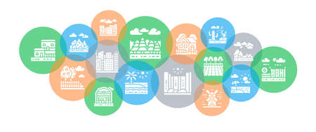 Landscape design illustration concept. Bridge, Forest, Garden, Volcano, Windmill web banner for print advertisement.のイラスト素材