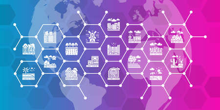 Landscape infographic banner with icon elements. Bridge, Forest, Garden, Volcano, Windmill vector illustration for header website banner.のイラスト素材