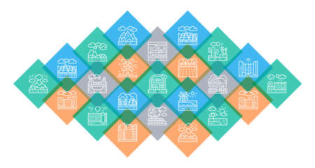 Landscape vector icons illustration. Bridge, Forest, Garden, Volcano, Windmill promotion icons banner isolated on white background.のイラスト素材