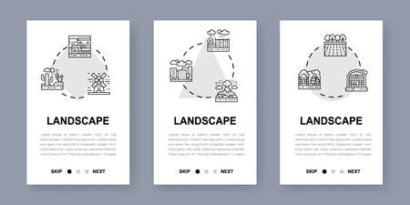 Landscape vertical app screens. Web site design illustration. Bridge, Forest, Garden, Volcano, Windmill mobile banners for website development.のイラスト素材