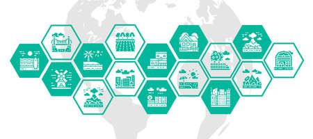 Landscape web banner with icon set. Bridge, Forest, Garden, Volcano, Windmill illustration concept for business webpage, financial banner.のイラスト素材