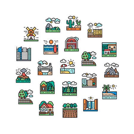 Landscape icons set. Bridge, Forest, Garden, Volcano, Windmill icons banner in a circle isolated on white background.のイラスト素材