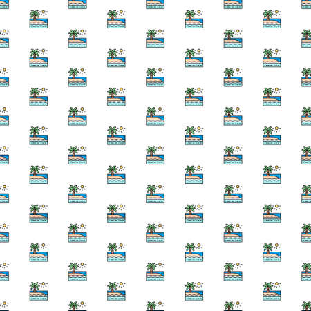 Vector beach with palm trees landscape pattern with various icons. Symbol texture design.のイラスト素材