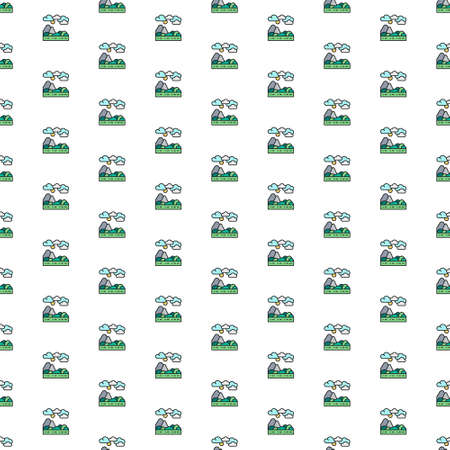 Vector hills, mountain landscape pattern with various icons. Symbol texture design.のイラスト素材