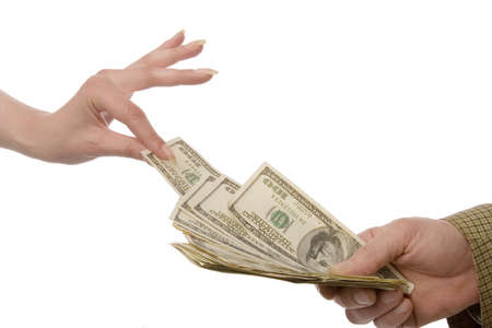 Womans hand taking money fron mans hand