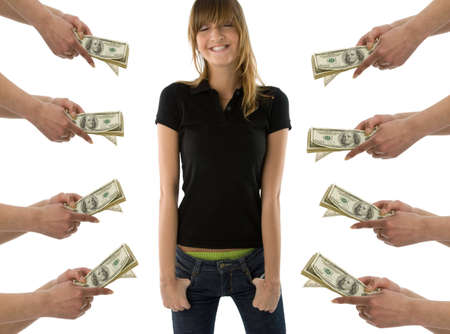 Happy girl standing with closed eyes and  imagine the heaps of money