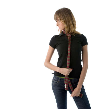 Fashion model posing with scarf on her neckの写真素材